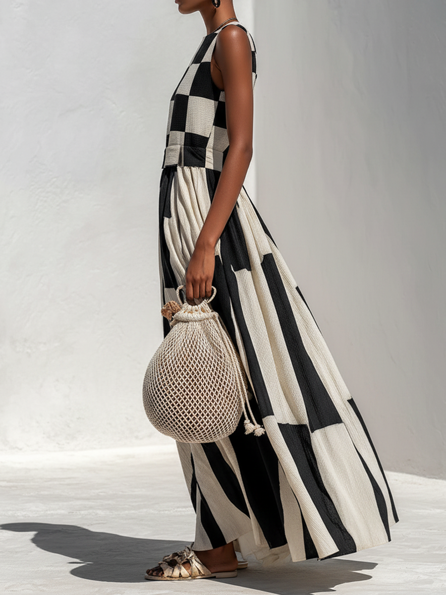 Celeste™ | Plaid & Stripe Panel Sleeveless Maxi Dress