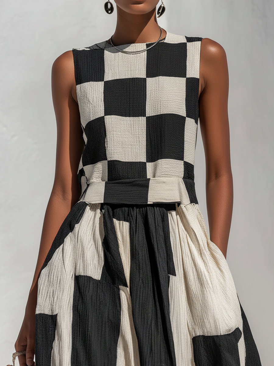 Celeste™ | Plaid & Stripe Panel Sleeveless Maxi Dress