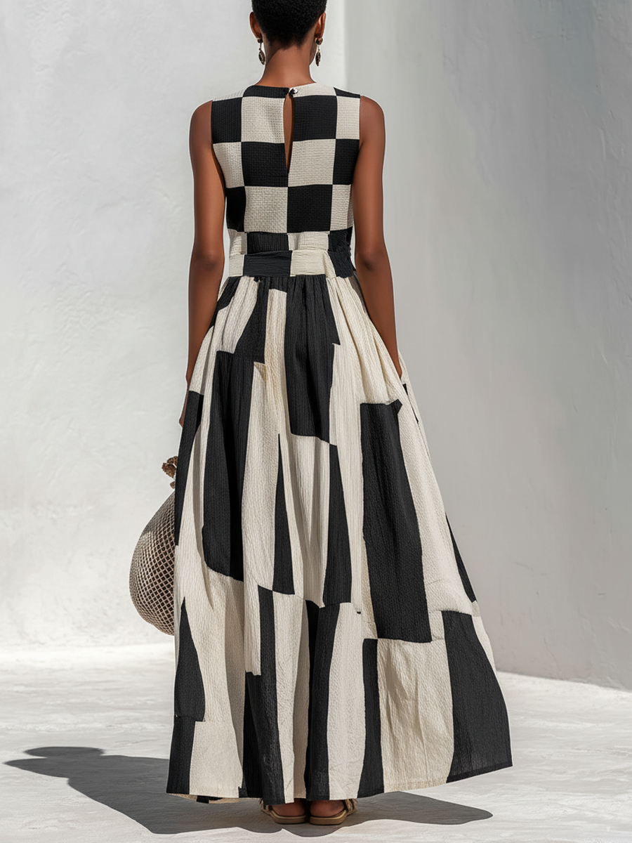 Celeste™ | Plaid & Stripe Panel Sleeveless Maxi Dress