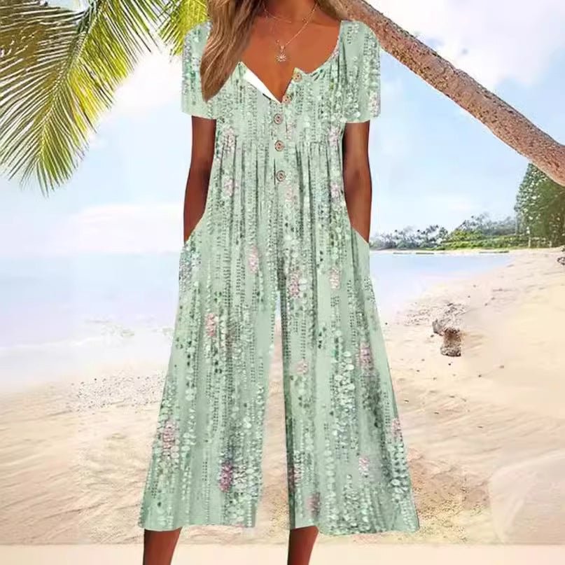 Sienna™ | Leaf Print V-Neck Jumpsuit with Short Sleeves and Wide Legs