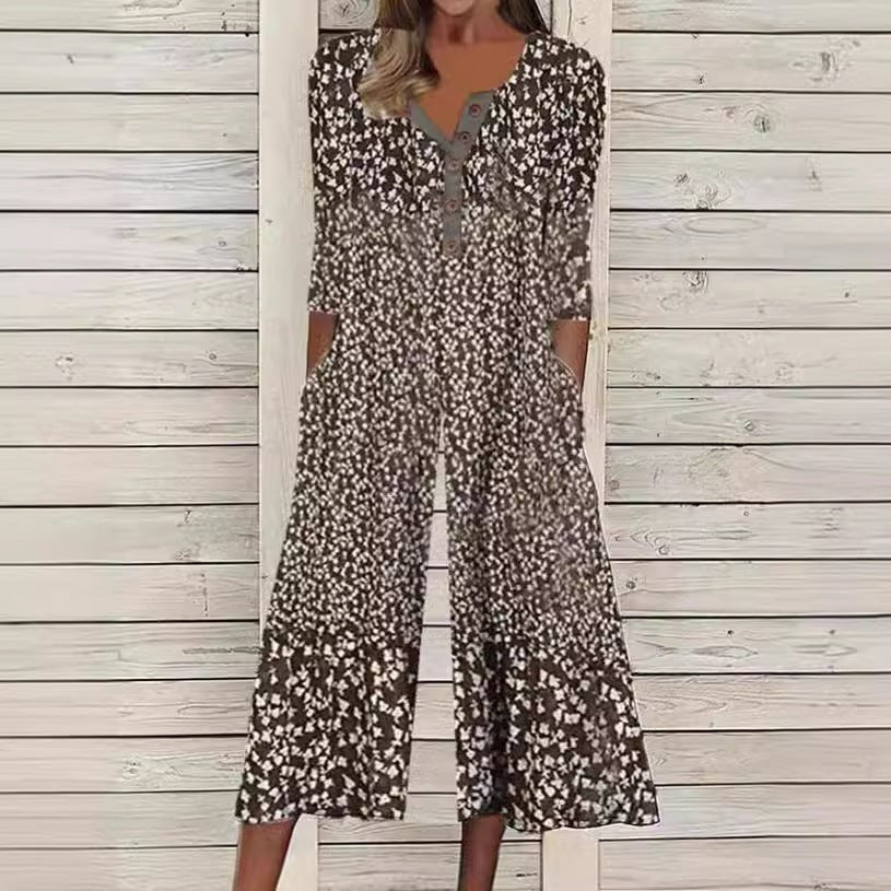 Sienna™ | Leaf Print V-Neck Jumpsuit with Short Sleeves and Wide Legs